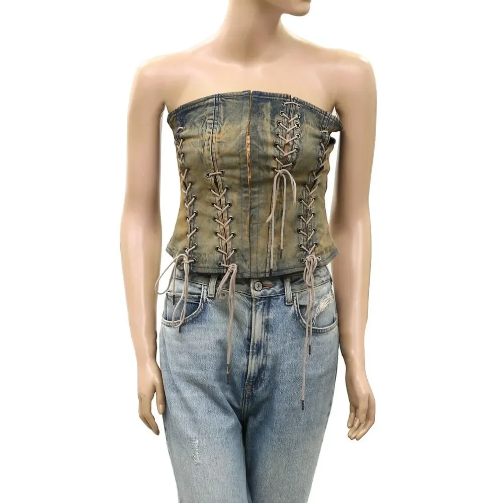 Urban Outfitters UO Leila Denim Lace-Up Tube Blouse Top Cropped Blue XS 289828
